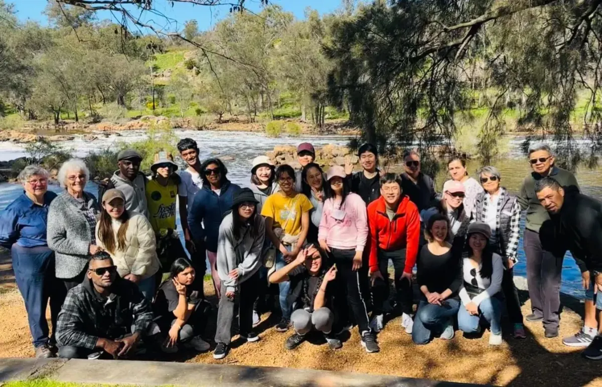Large church group outdoors on a trip